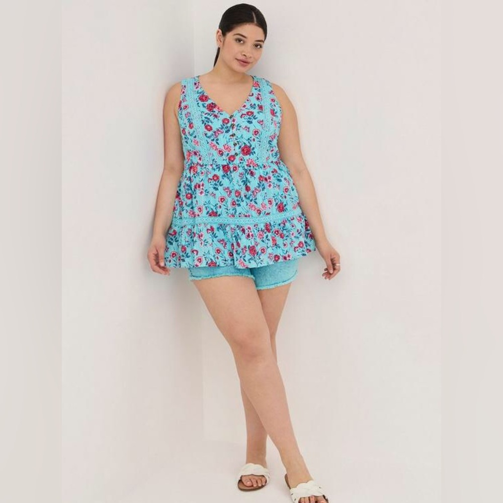 TORRID Babydoll Cotton Crochet Inset Tiered Tank